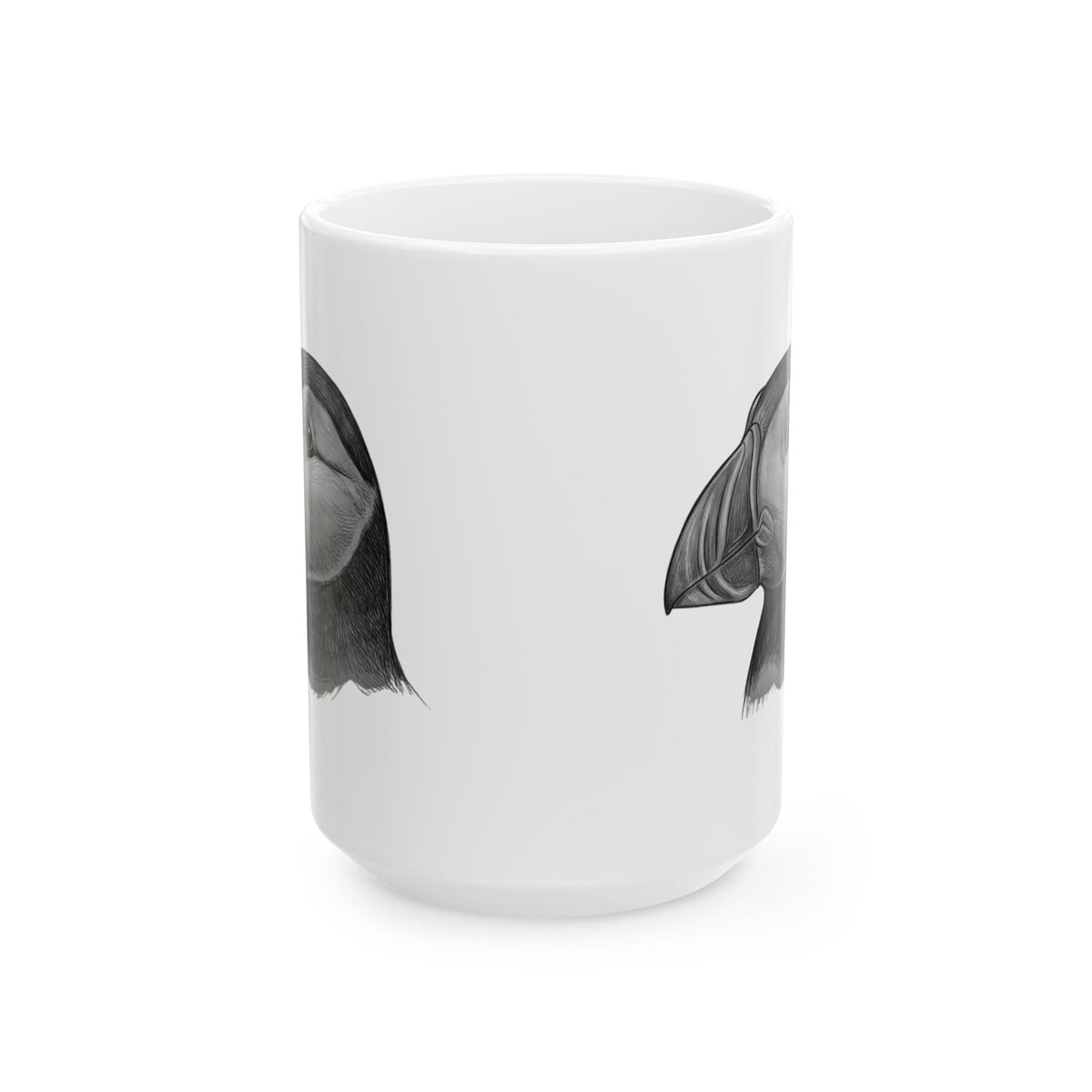 "Pencil Sketch Art Puffin" White Ceramic Mug — Graphic
