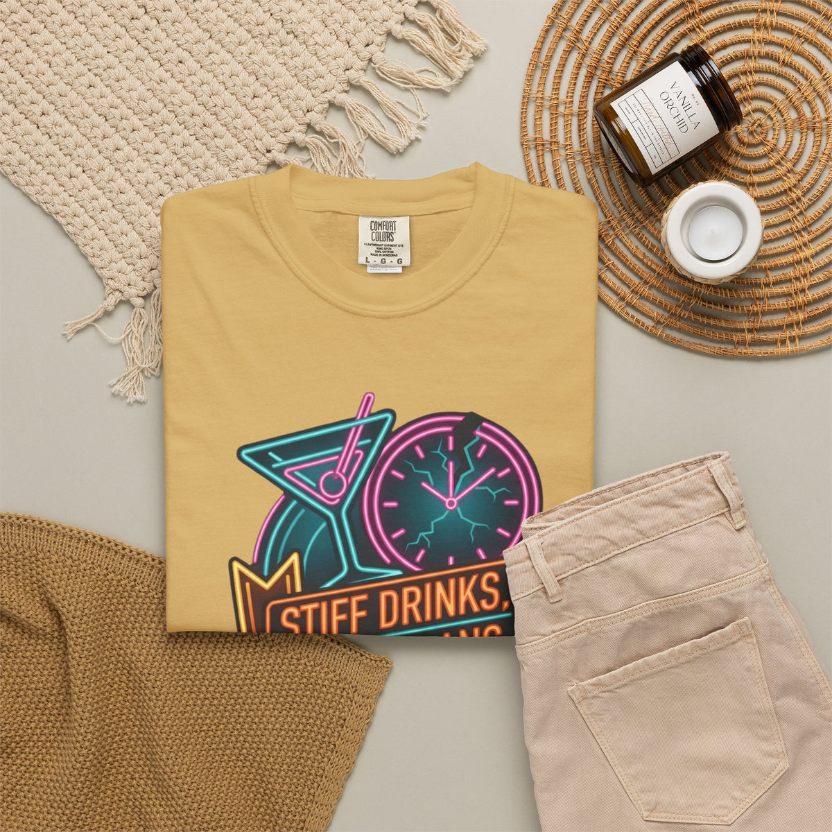 "Stiff Drinks Loose Plans" Unisex Garment-Dyed Tee