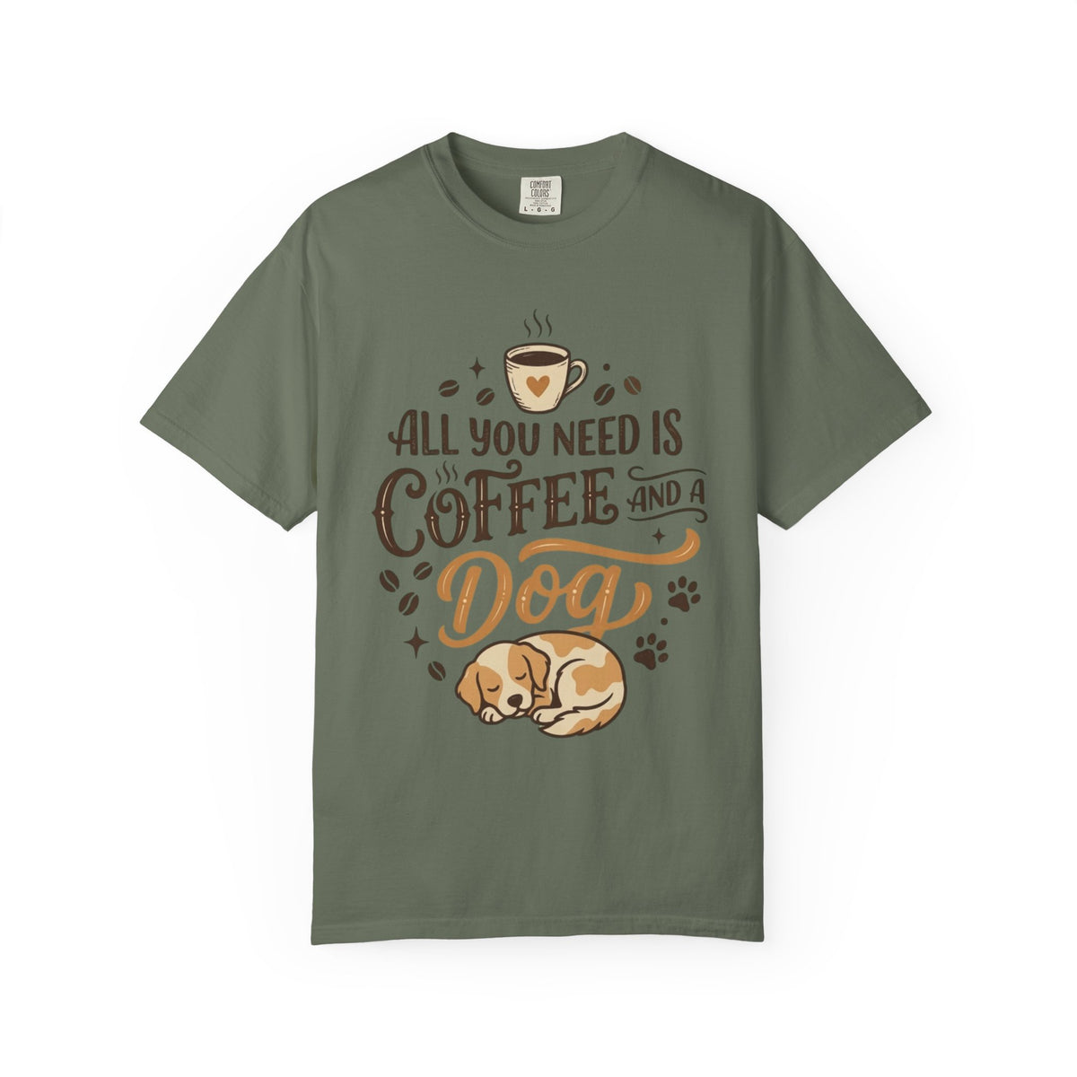 Color: Moss | Coffee and a Dog Unisex Garment-Dyed Tee