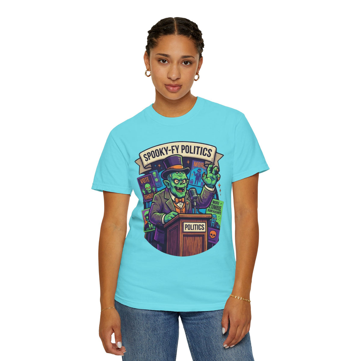 Color: Lagoon Blue | Spooky-Fy Politics Unisex Garment-Dyed Tee