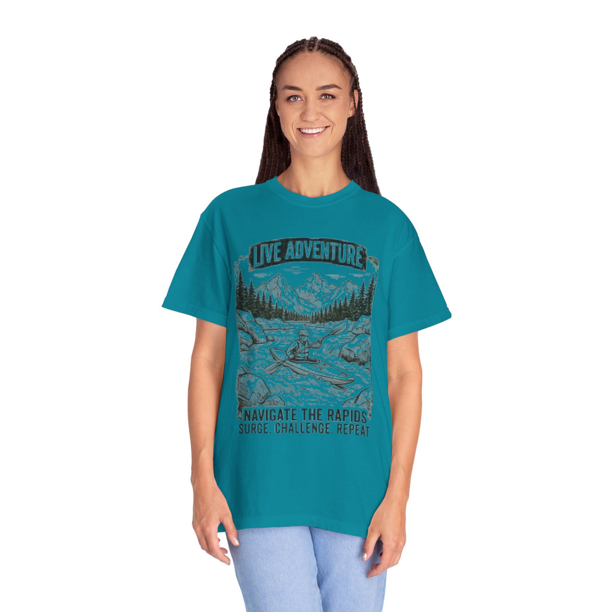 Color: Topaz Blue | Live Adventure - Kayak Unisex Garment-Dyed Tee