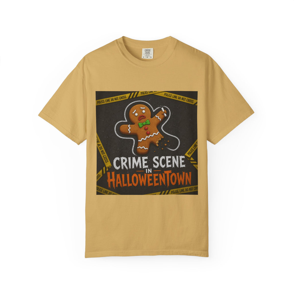 Color: Mustard | Crime Scene in Halloweentown Unisex Garment-Dyed Tee
