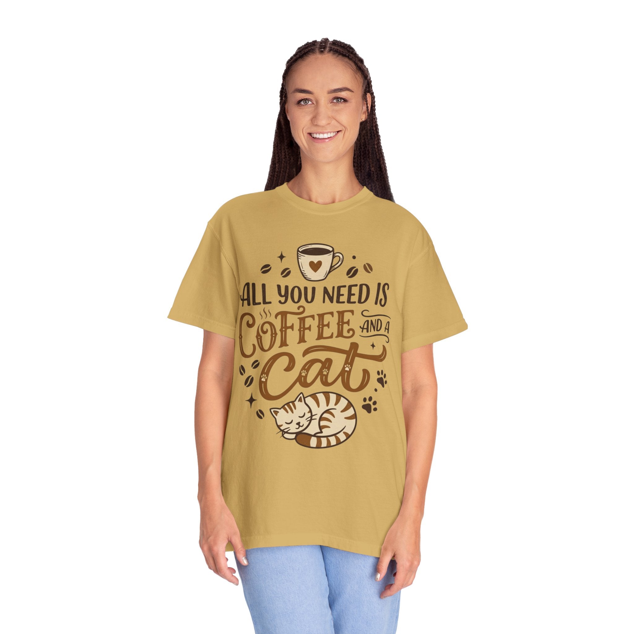 "All You Need is Coffee and a Cat" Unisex Garment-Dyed Tee