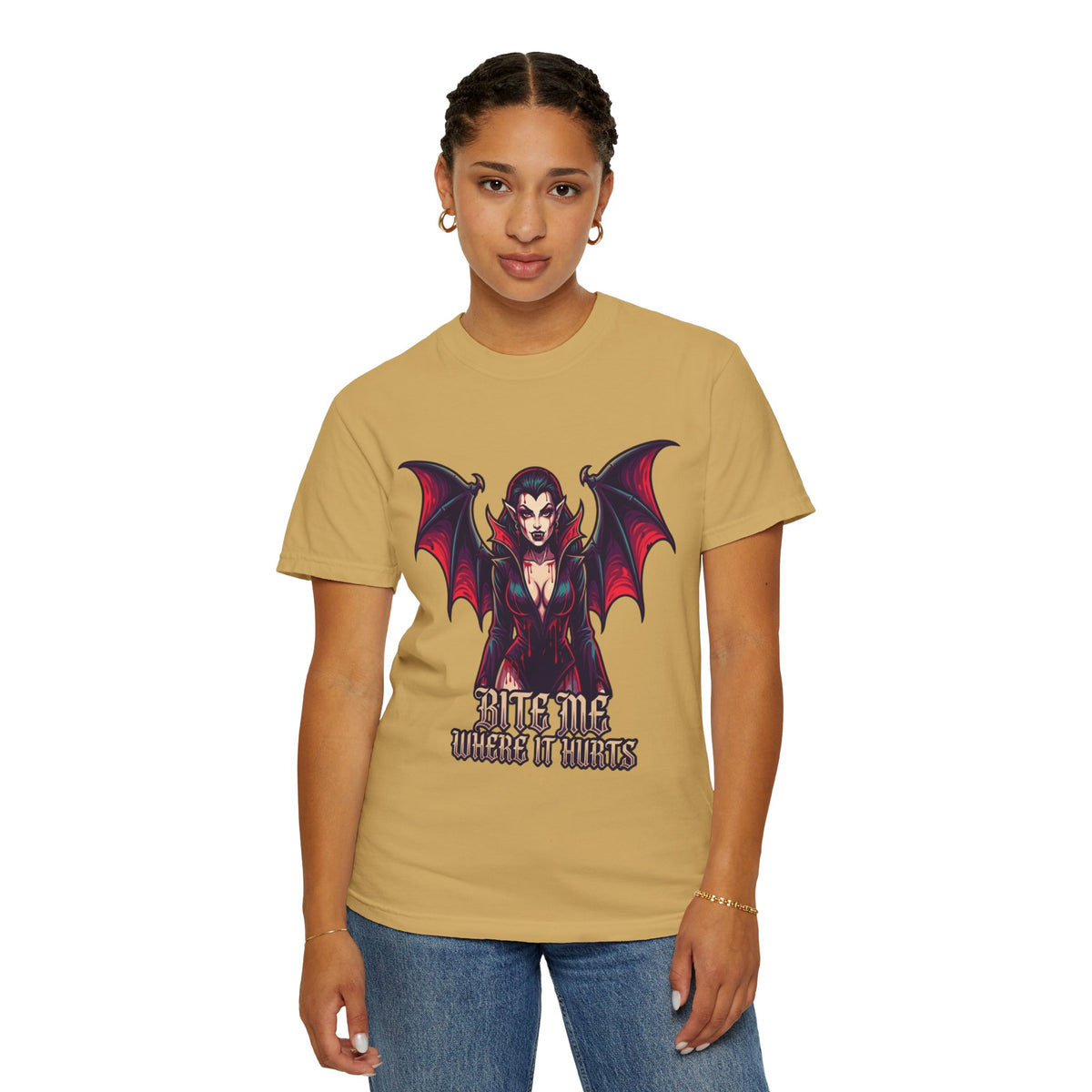 Color: Mustard | Bite Me Where It Hurts Unisex Garment-Dyed Tee