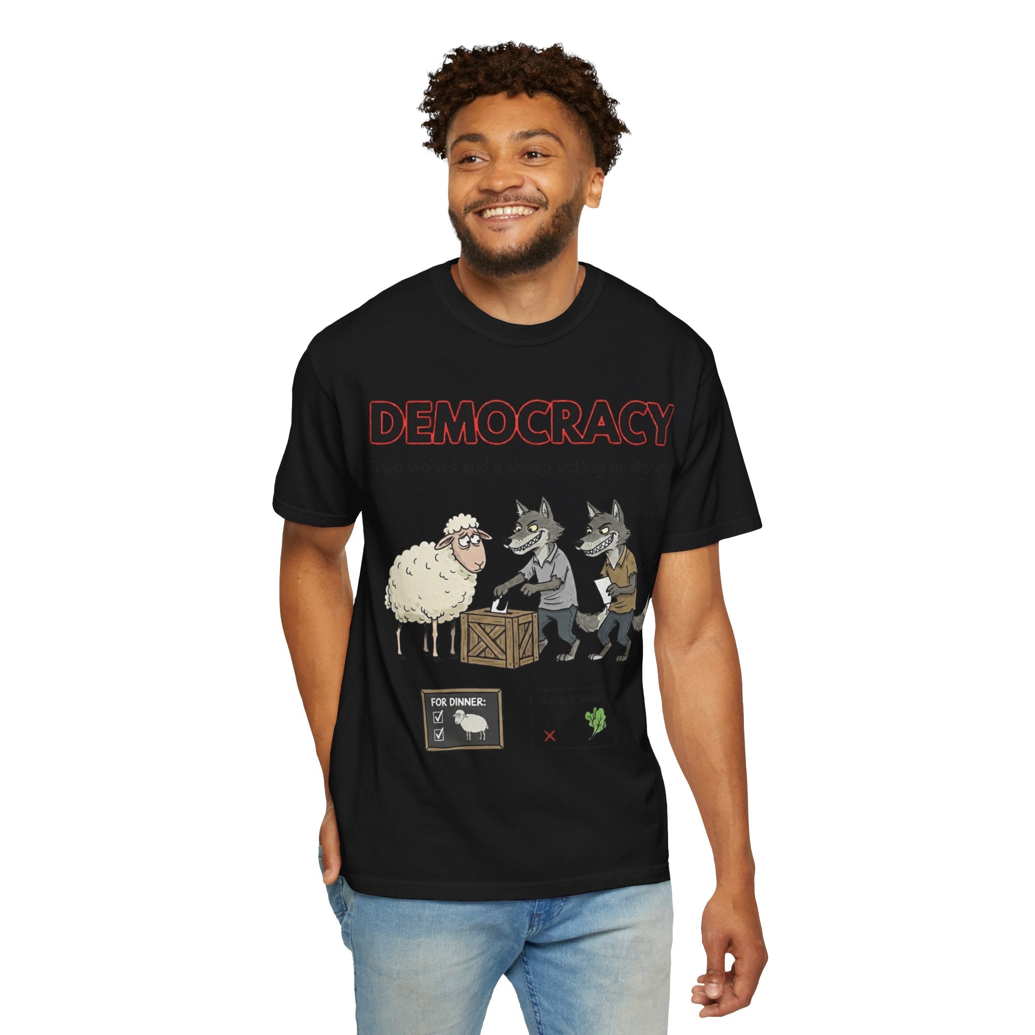 "Democracy (Two Wolves and a Sheep" Unisex Garment-Dyed T-shirt