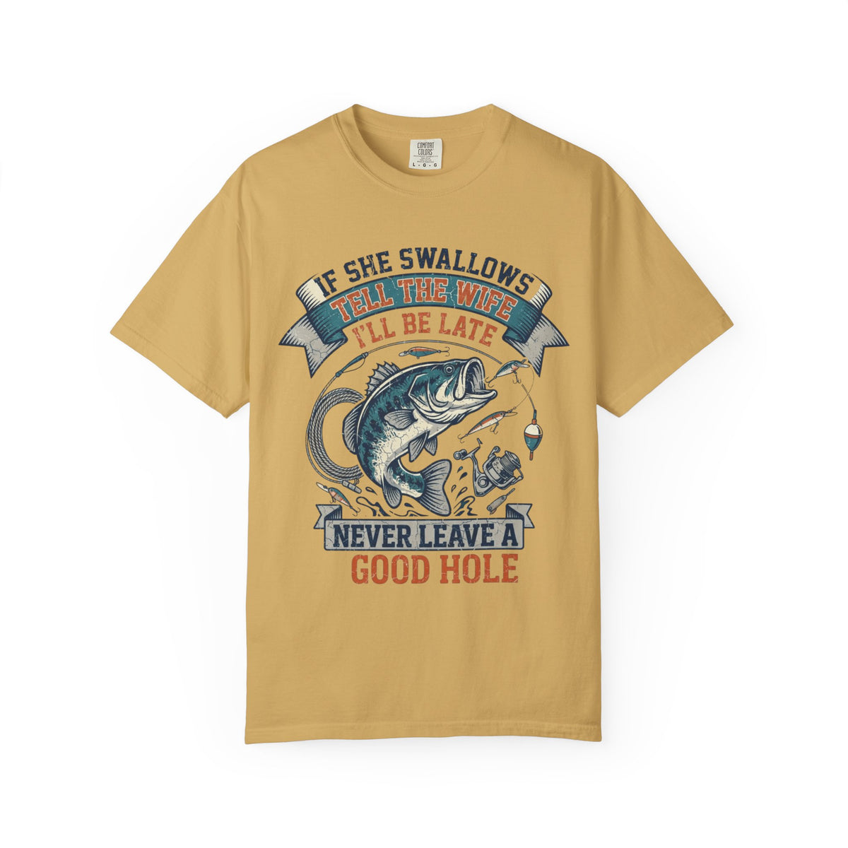Color: Mustard | Never Leave A Good Hole Unisex Garment-Dyed Tee