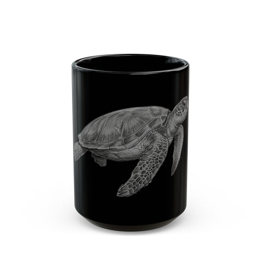 "Pencil Sketch Art Sea Turtle" Black Ceramic Mug