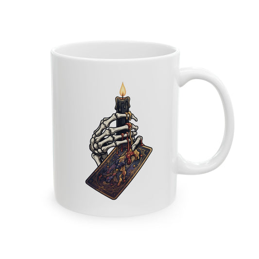 "Skeletal Hand And Tarot Card" White Ceramic Mug
