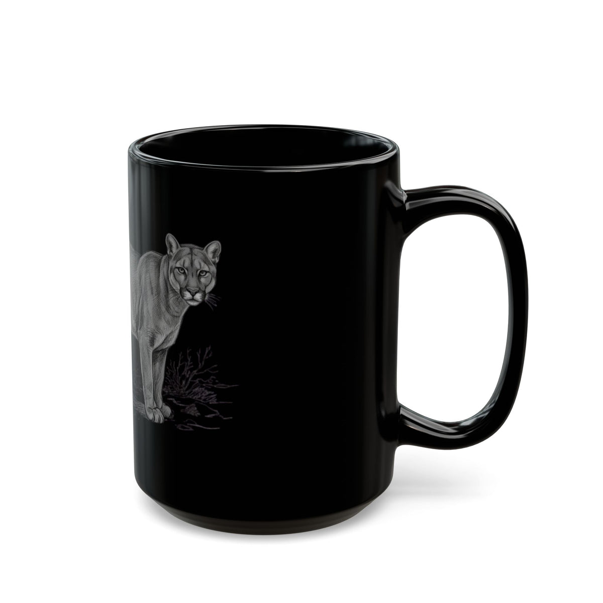 "Pencil Sketch Art Mountain Lion" Black Ceramic Mug