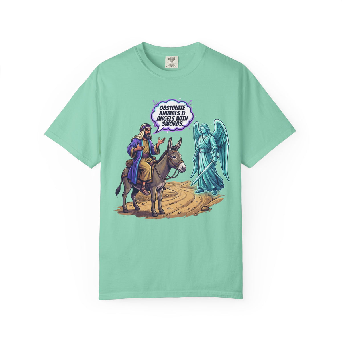Color: Island Reef | Good Book Series Obstinate Animals & Angels With Swords Unisex Garment-Dyed Tee
