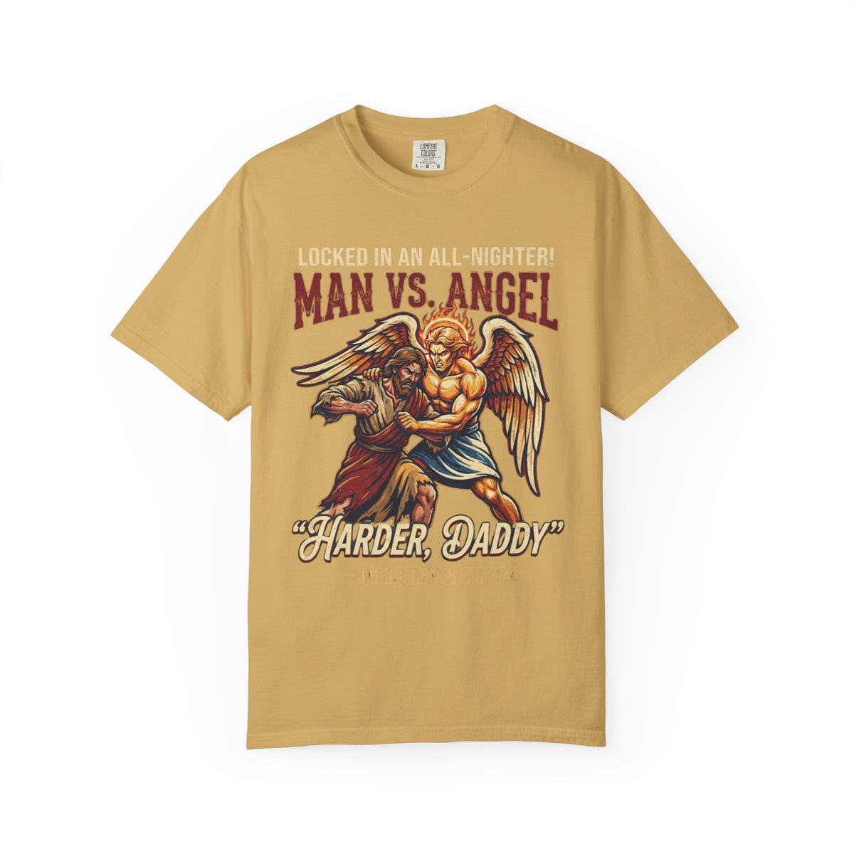Color: Mustard | Good Book Series Man vs Angel Unisex Garment-Dyed Tee