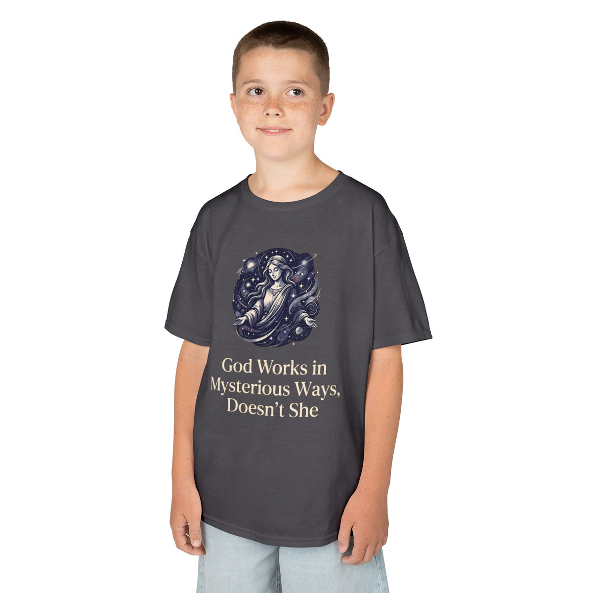 Color: Charcoal | God Works in Mysteroius Ways Kids Tee