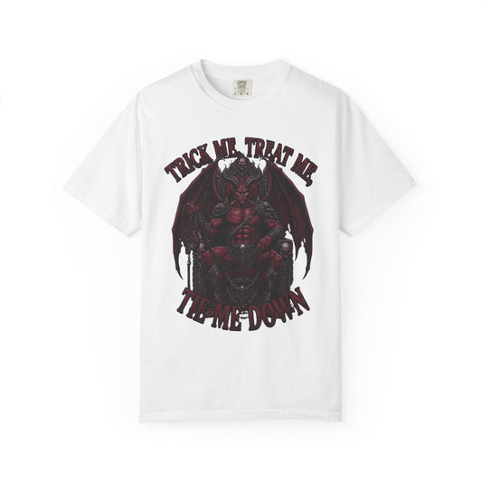 Color: White | Trick Me Treat Me Tie Me Down Unisex Garment-Dyed Tee