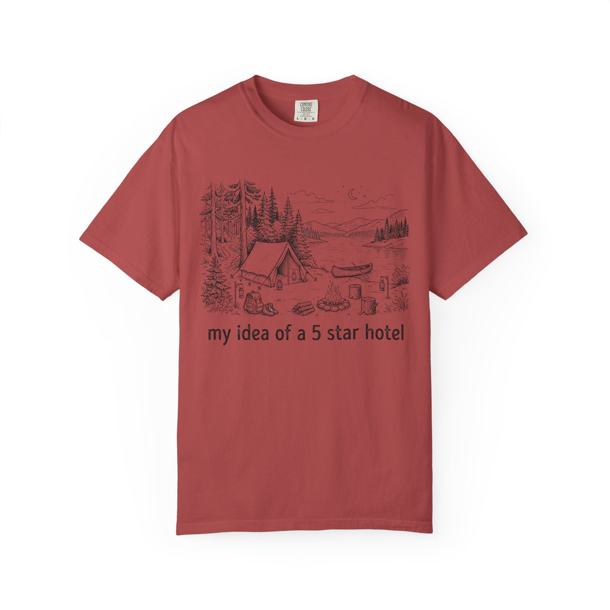 Color: Crimson | Five Star Hotel Black Line Art Unisex Garment-Dyed Tee