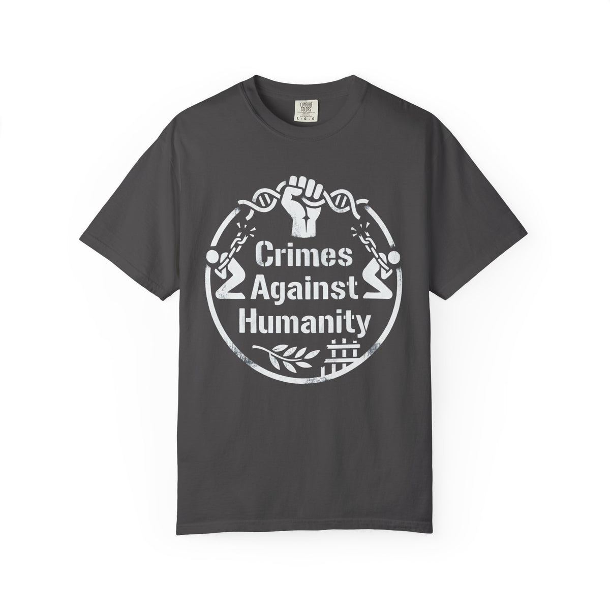 Color: Graphite | Crimes Against Humanity Unisex Garment-Dyed Tee