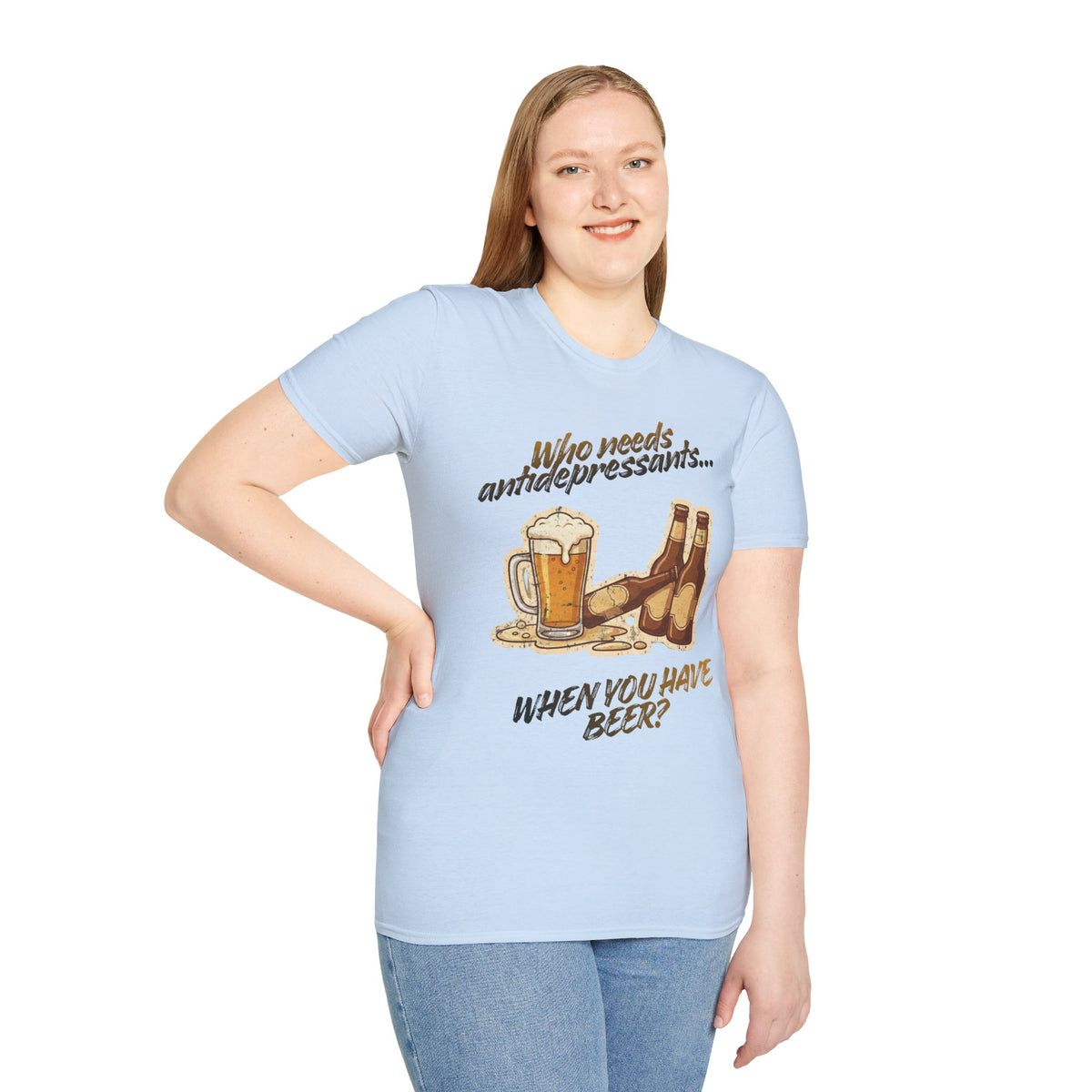 Color: Light Blue | Beer Graphic T-Shirt — Who Needs Antidepressants When You Have Beer? Retro Pint Design