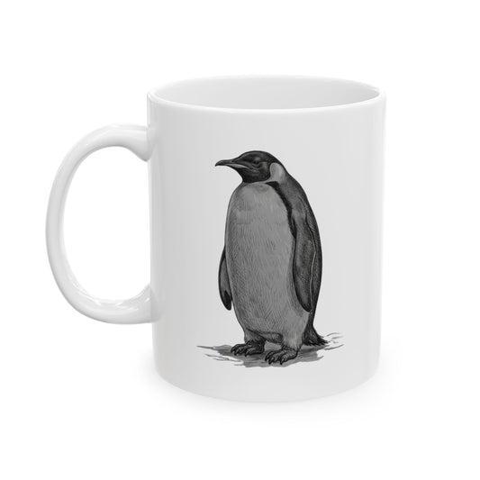"Pencil Sketch Art Penguin" White Ceramic Mug