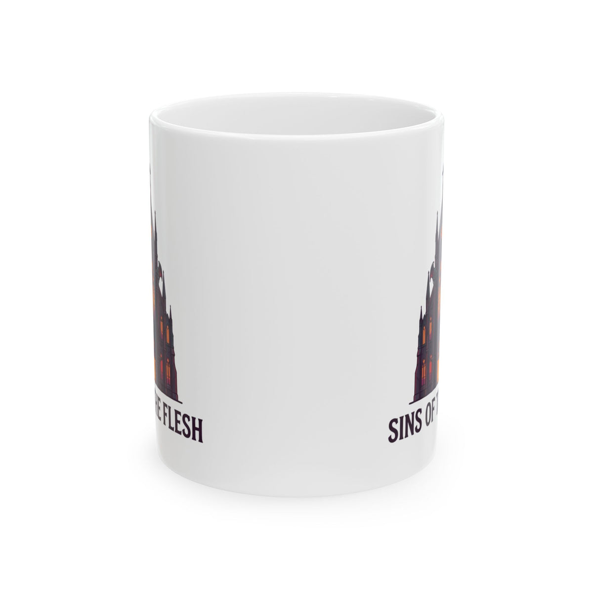 "Sins of The Flesh Group Rates" White Ceramic Mug — Graphic