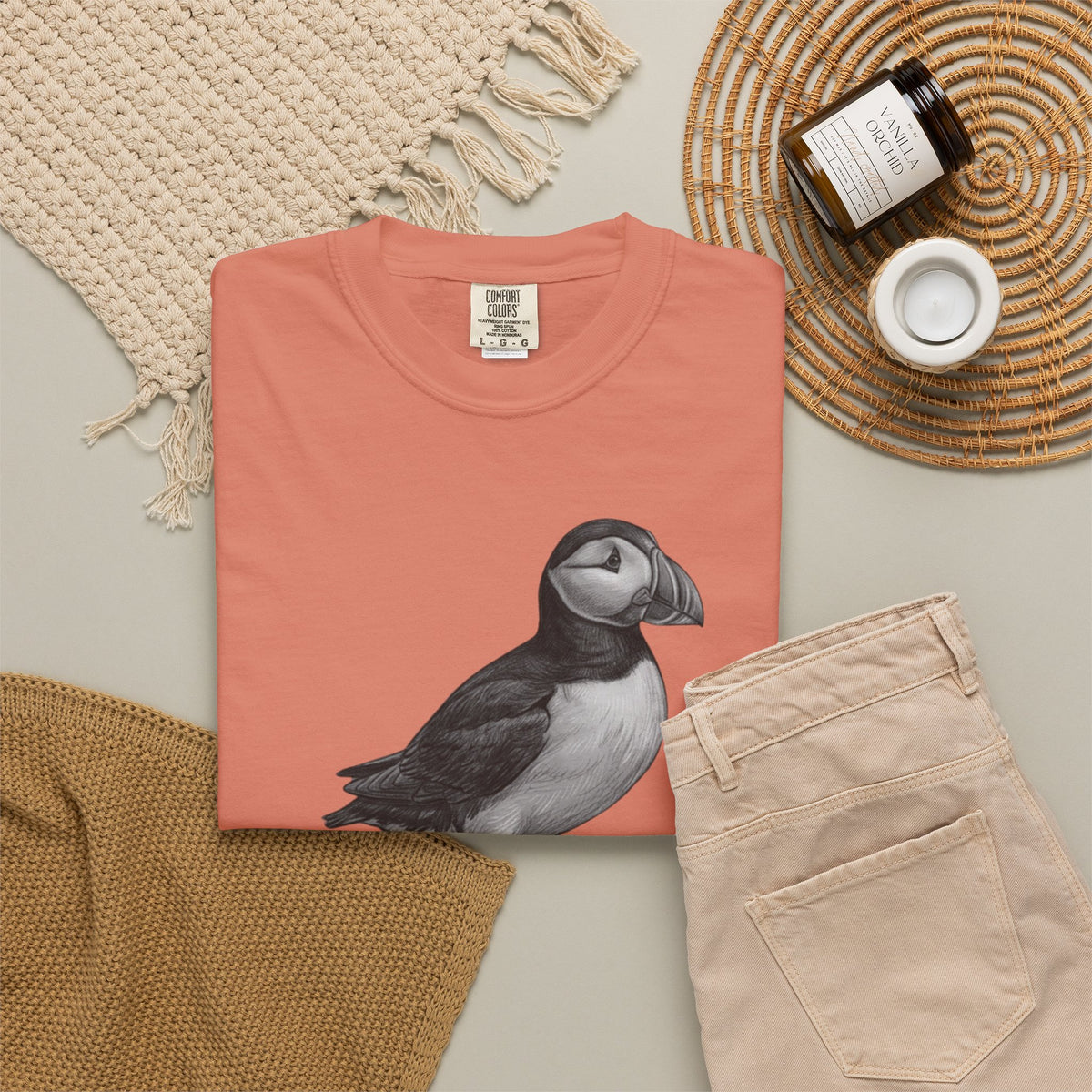 "Pencil Sketch Art Puffin" Unisex Garment-Dyed Tee