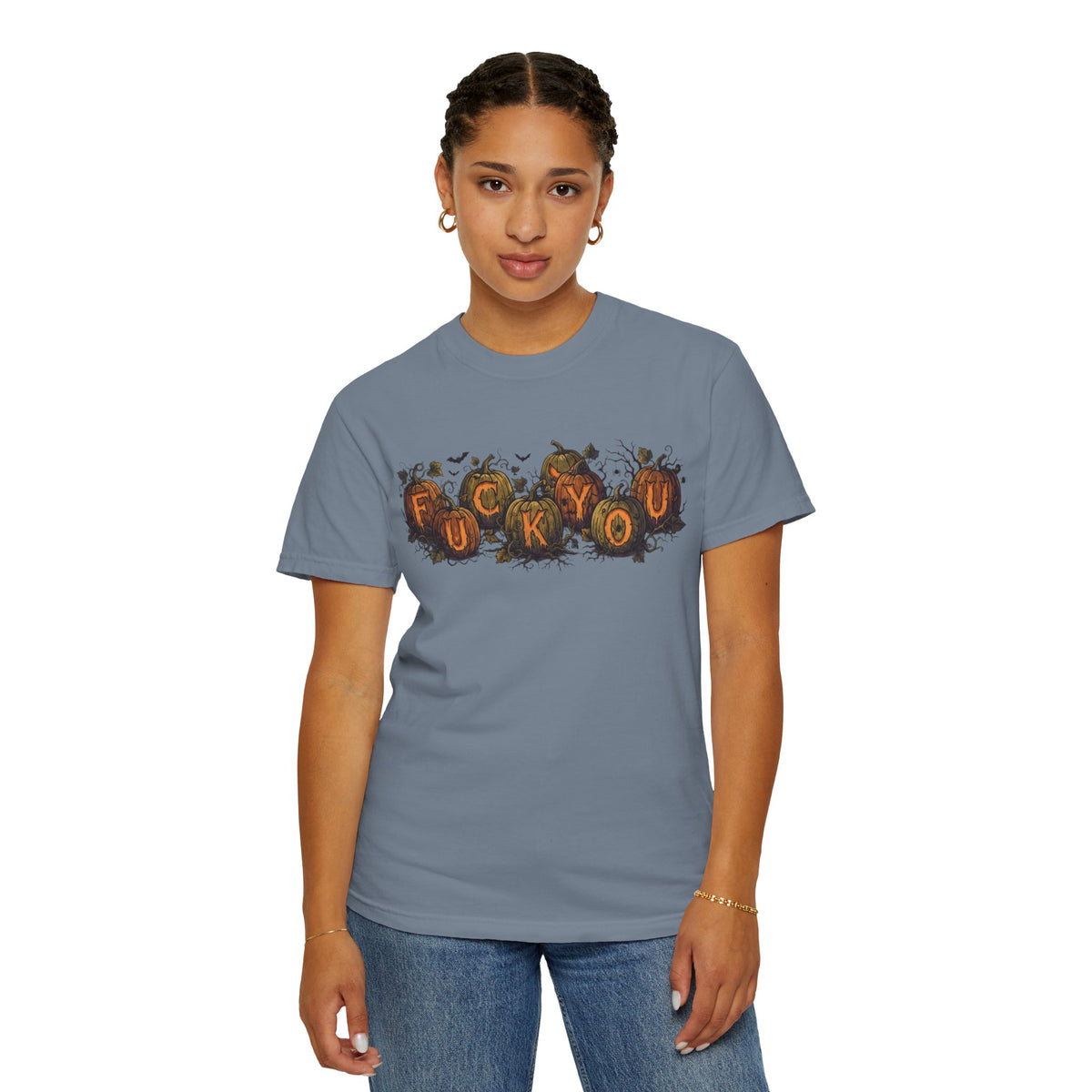 Color: Blue Jean | Pumpkin FU Unisex Garment-Dyed Tee