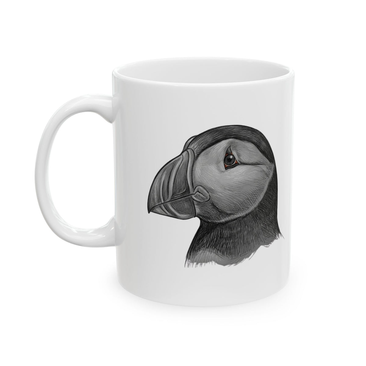 "Pencil Sketch Art Puffin" White Ceramic Mug — Graphic