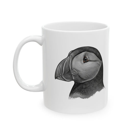 "Pencil Sketch Art Puffin" White Ceramic Mug — Graphic
