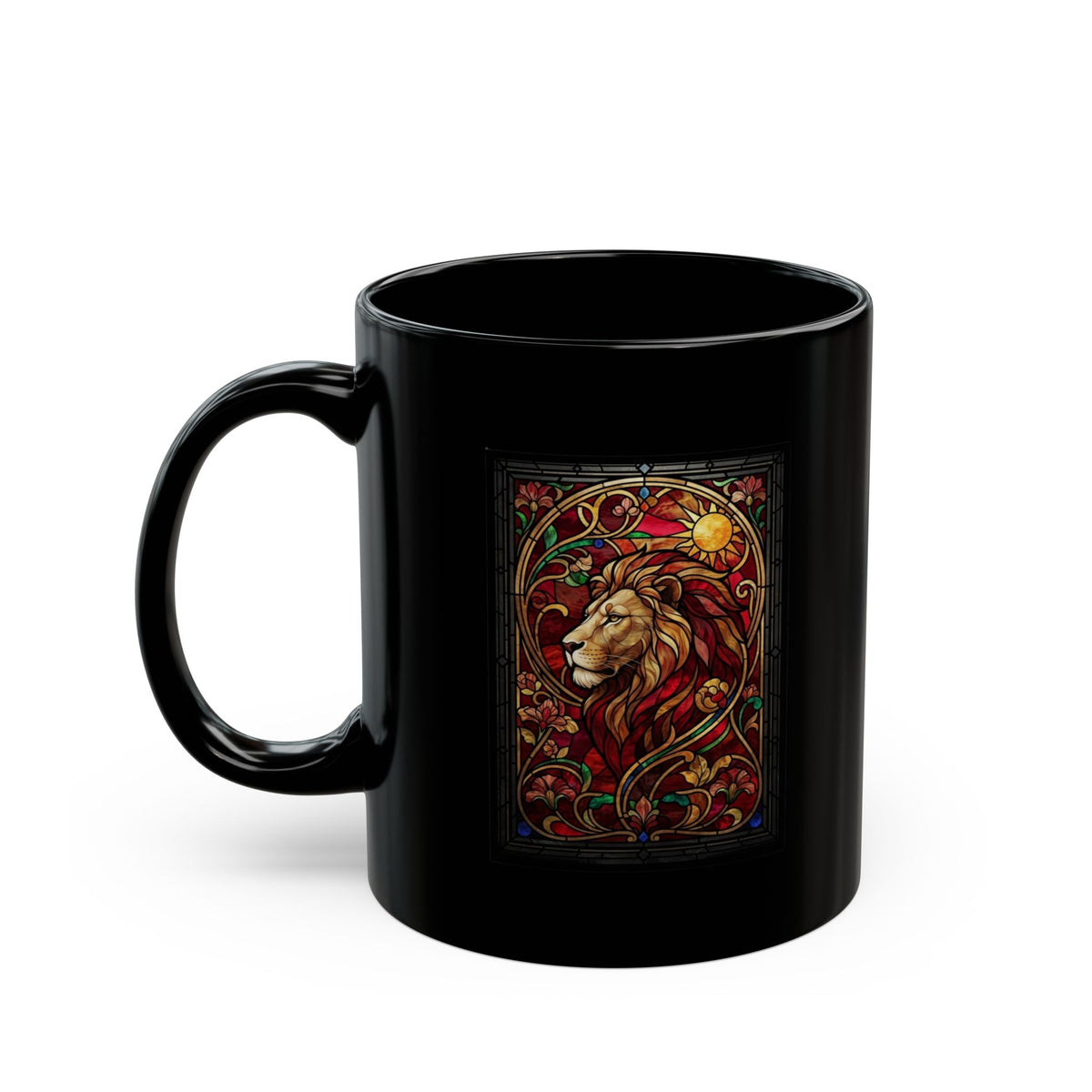 "Stained Glass Sign LEO" Black Ceramic Mug