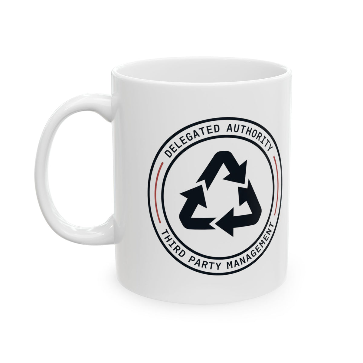 "Managed Entirely By Third Parties" White Ceramic Mug — Graphic