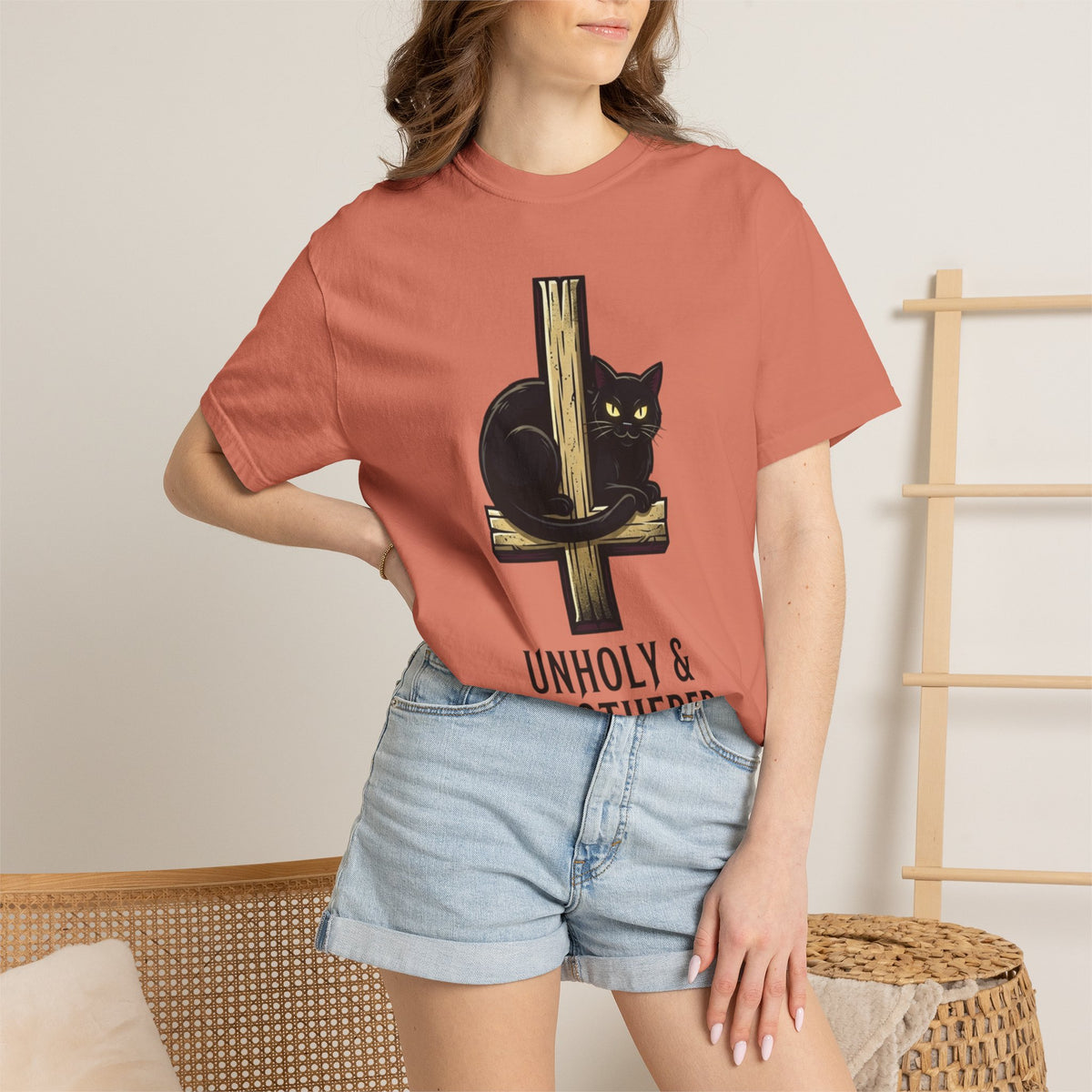 Color: Terracotta | Unholy and Unbothered Unisex Garment-Dyed Tee