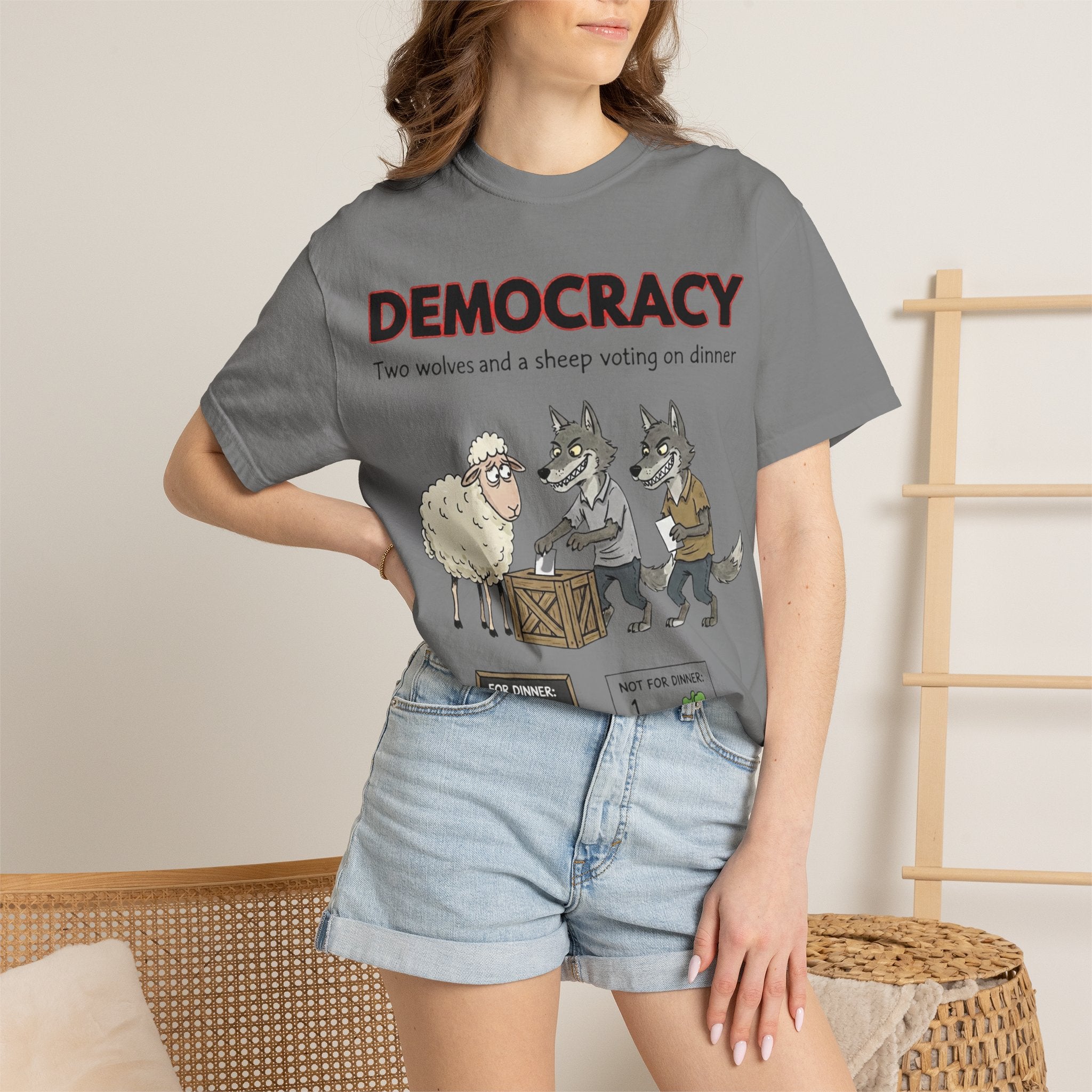 "Democracy (Two Wolves and a Sheep" Unisex Garment-Dyed T-shirt