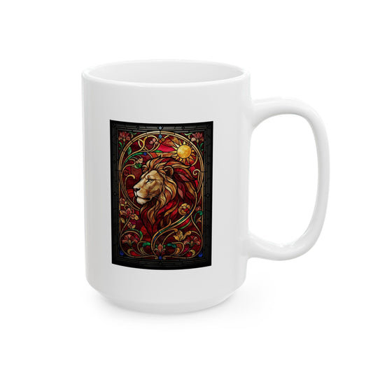 "Stained Glass Sign LEO" White Ceramic Mug