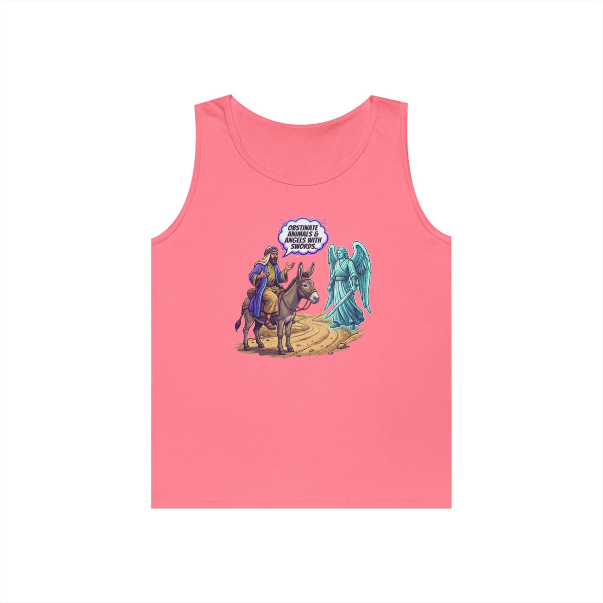 Color: Safety Pink | Good Book Series Obstinate Animals & Angels With Swords Tank Top