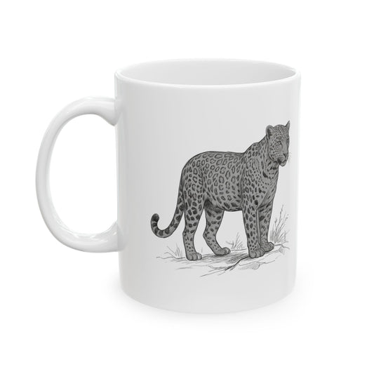 "Pencil Sketch Art Leopard" White Ceramic Mug