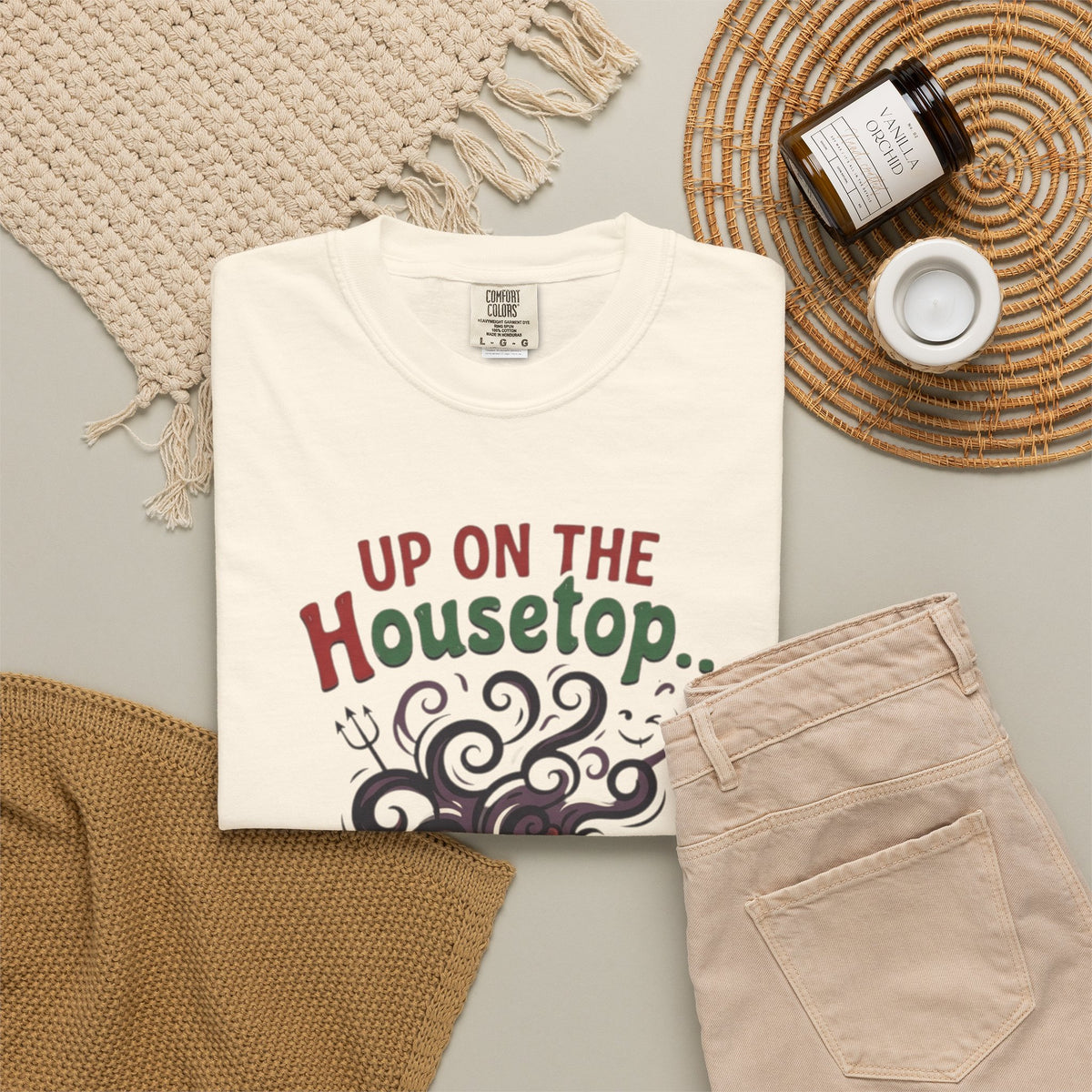 "Up On The Housetop Doing Naughty Stuff" Unisex Garment-Dyed Tee