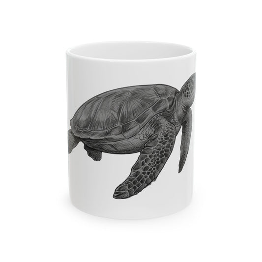 "Pencil Sketch Art Sea Turtle" White Ceramic Mug