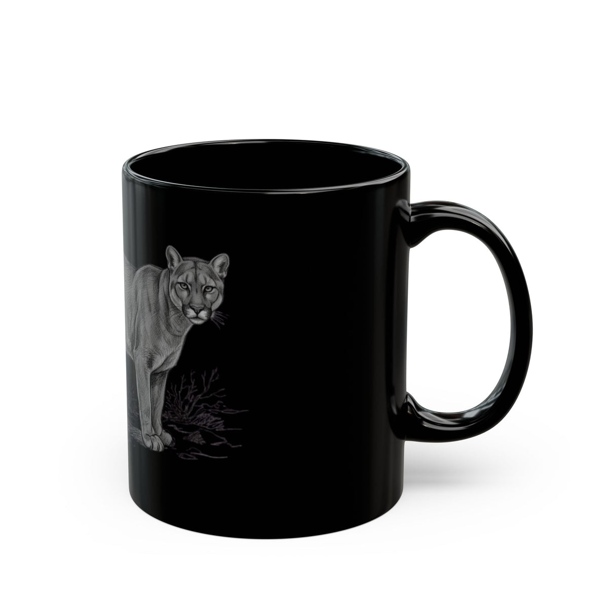 "Pencil Sketch Art Mountain Lion" Black Ceramic Mug