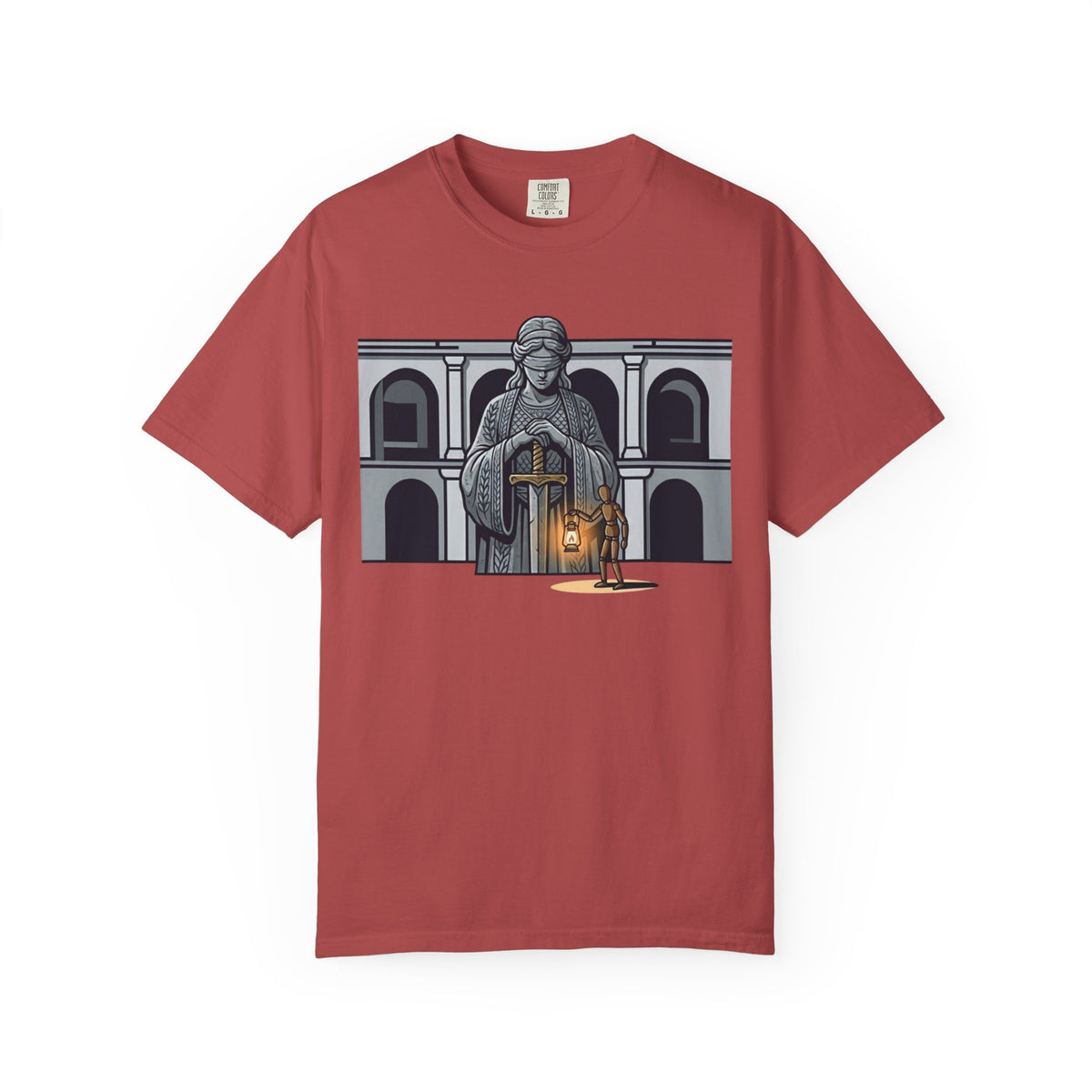 Color: Crimson | Blind Justice Unisex Garment-Dyed Tee