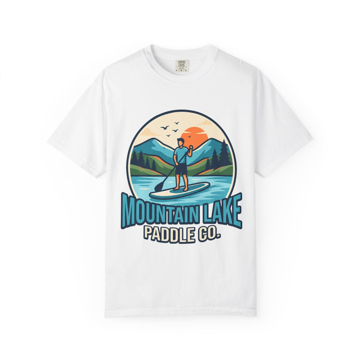 Color: White | Mountain Lake Paddle Board Unisex Garment-Dyed Tee
