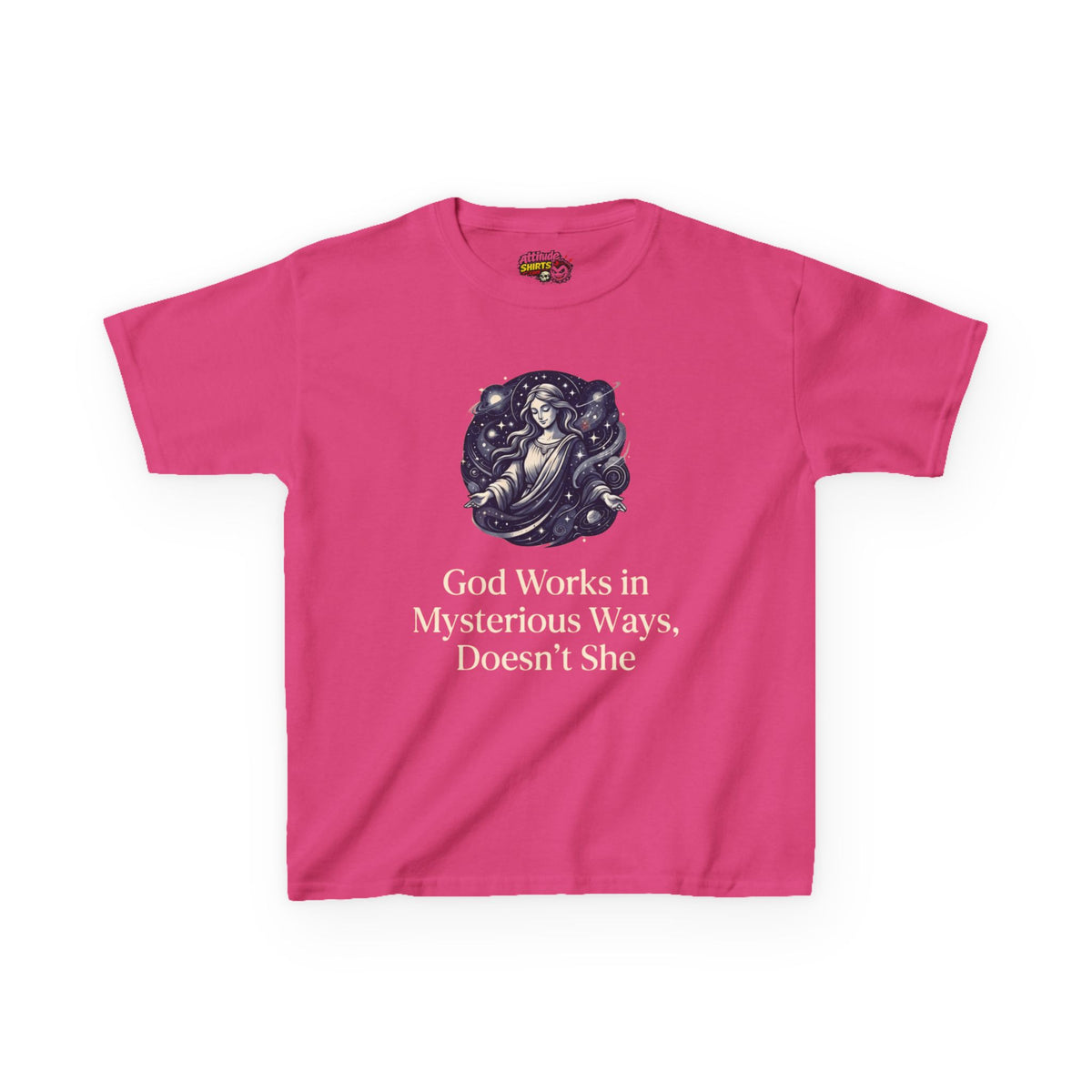 Color: Heliconia | God Works in Mysteroius Ways Kids Tee
