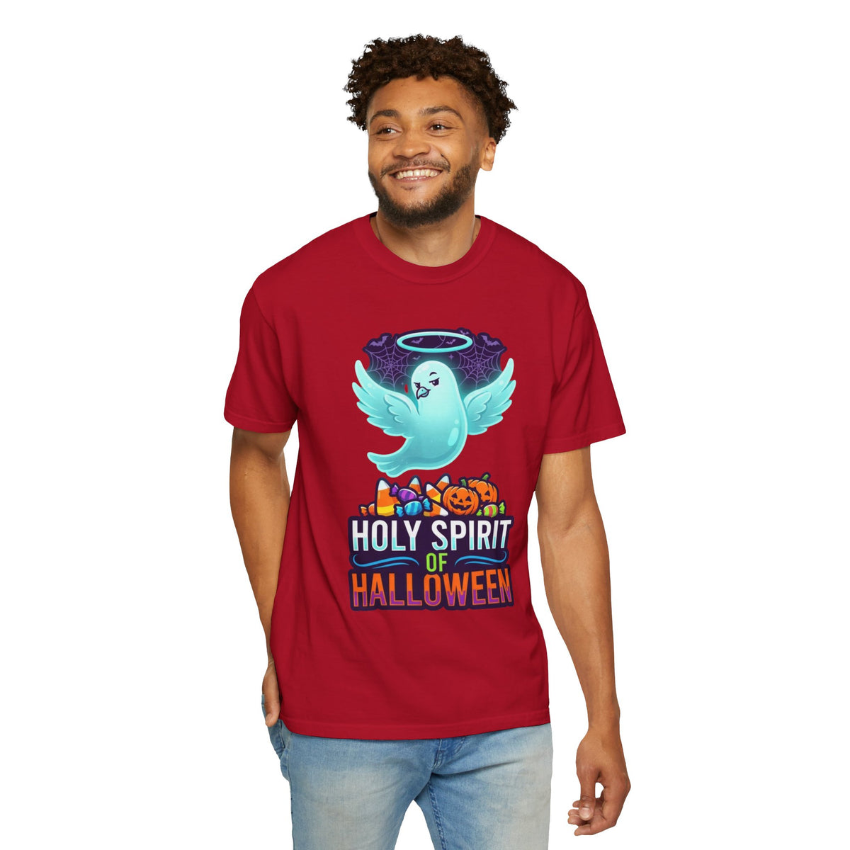 Color: Red | Holy Spirit of Halloween Unisex Garment-Dyed Tee