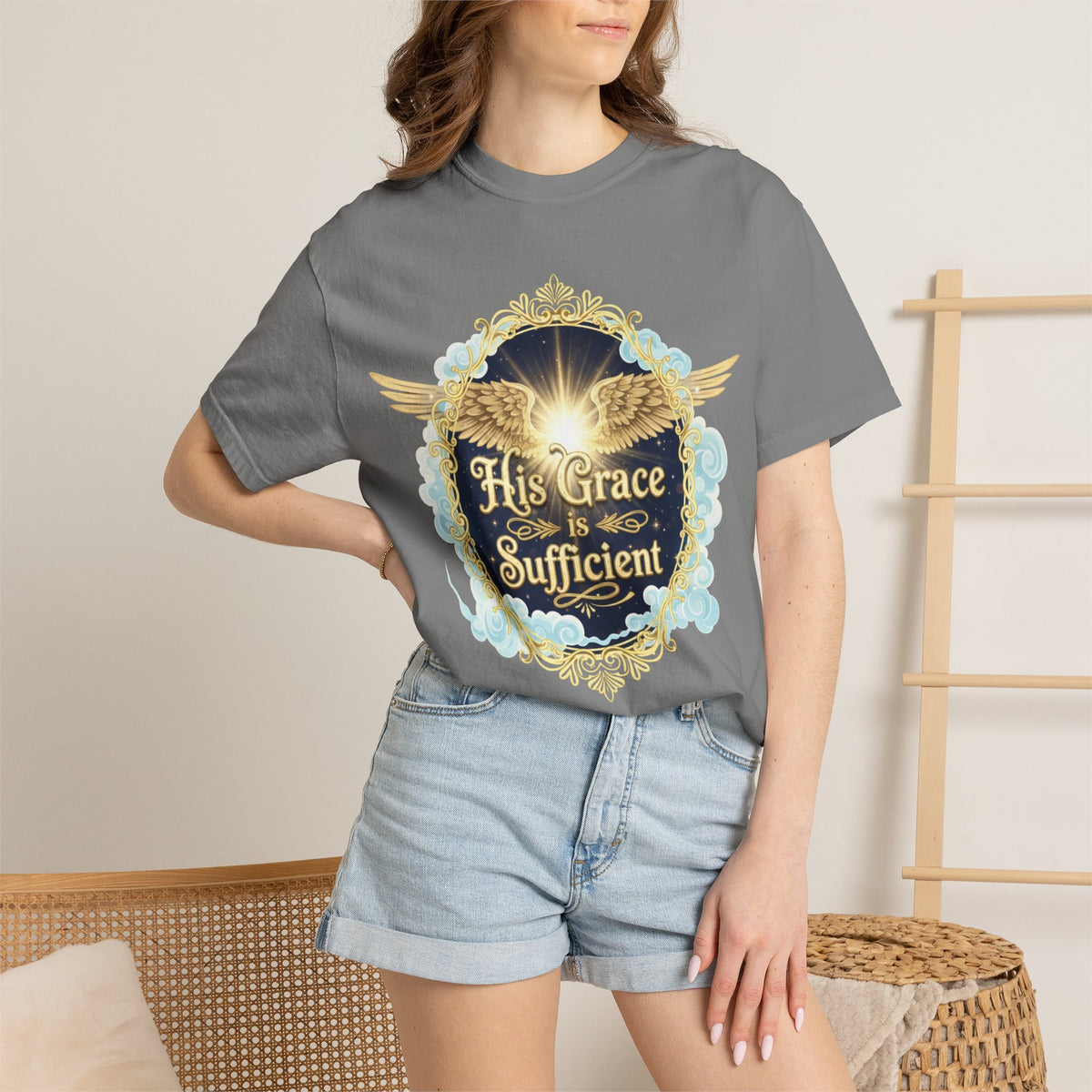 Color: Grey | His Grace is Sufficient Unisex Garment-Dyed T-shirt