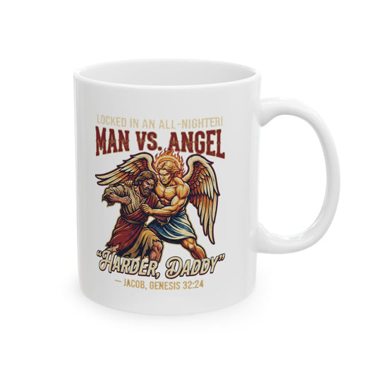 "Good Book Series Man vs Angel" White Ceramic Mug
