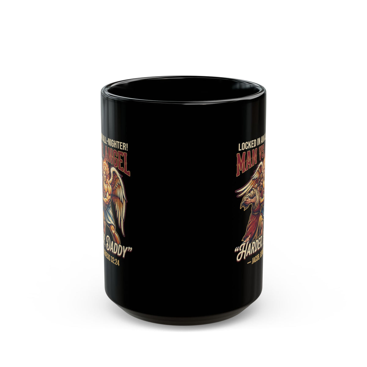 "Good Book Series Man vs Angel" Black Ceramic Mug