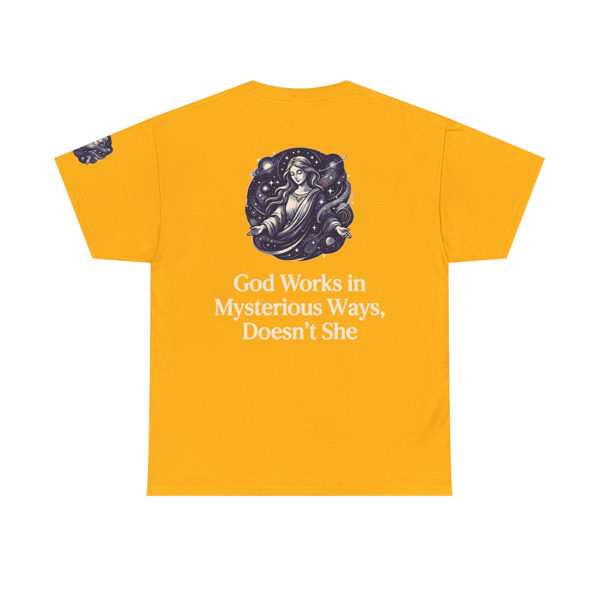 Color: Gold | God Works in Mysteroius Ways Premium Graphic Tee