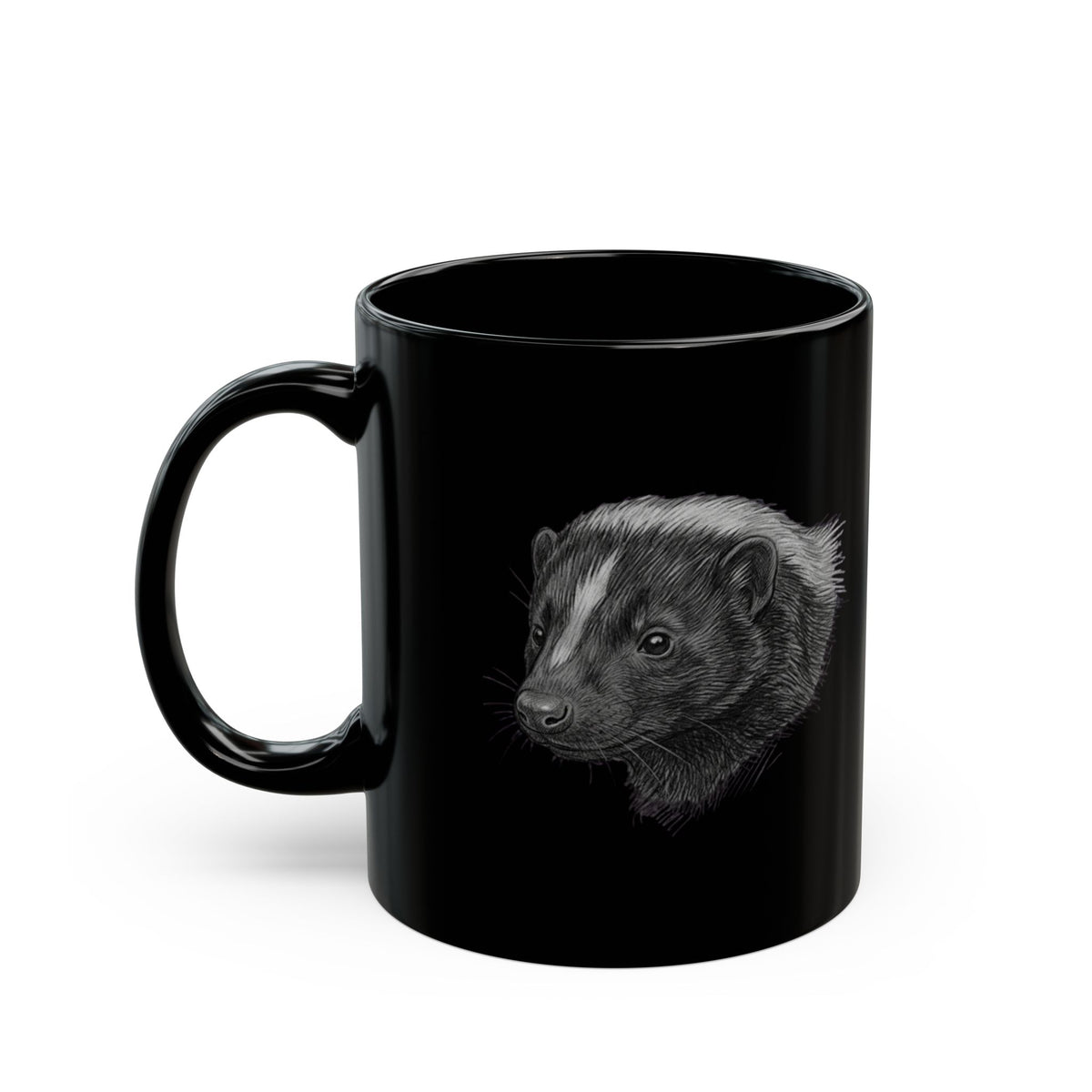 "Pencil Sketch Art Skunk" Black Ceramic Mug — Graphic