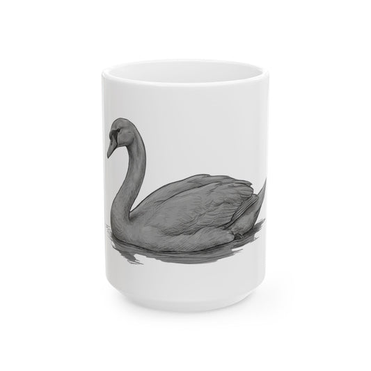 "Pencil Sketch Art Swan" White Ceramic Mug