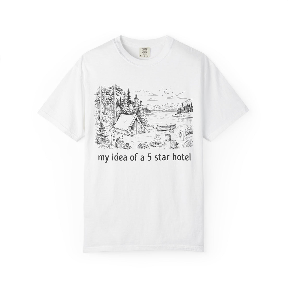 Color: White | Five Star Hotel Black Line Art Unisex Garment-Dyed Tee