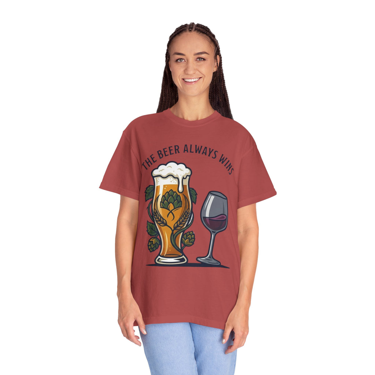 Color: Crimson | The Beer Always Wins Unisex Garment-Dyed Tee