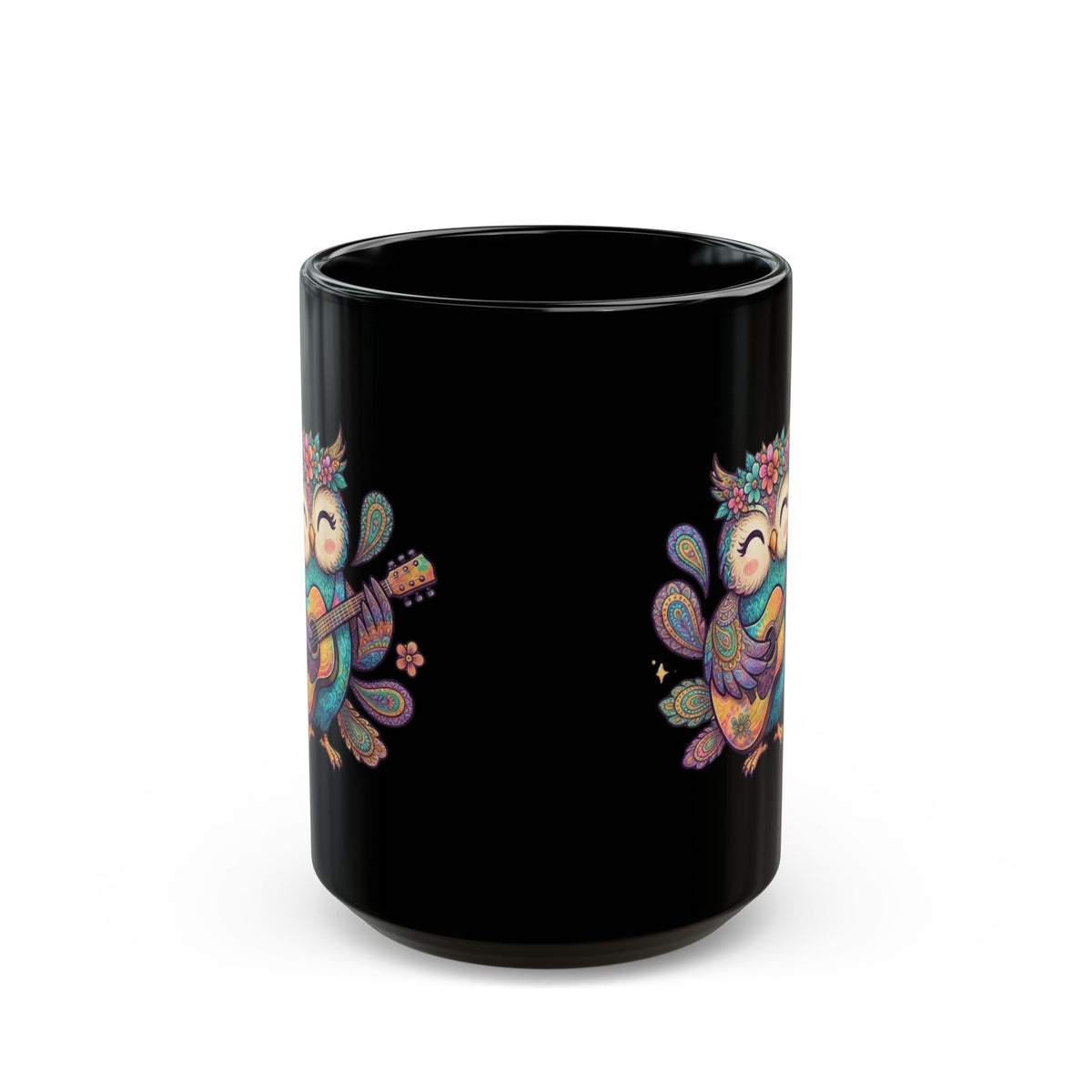 "Hippy Owl" Black Ceramic Mug
