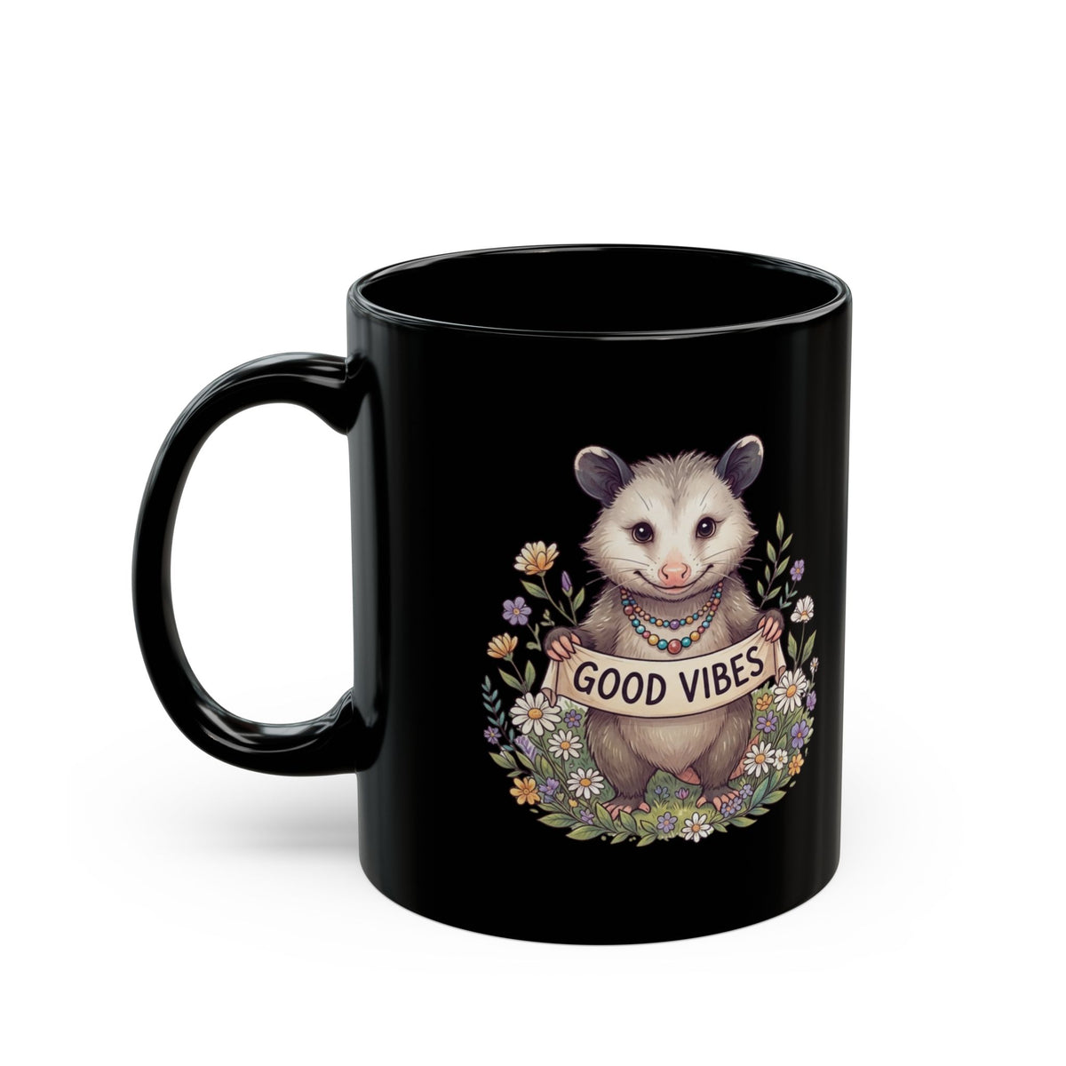 "Hippy Opossum" Black Ceramic Mug